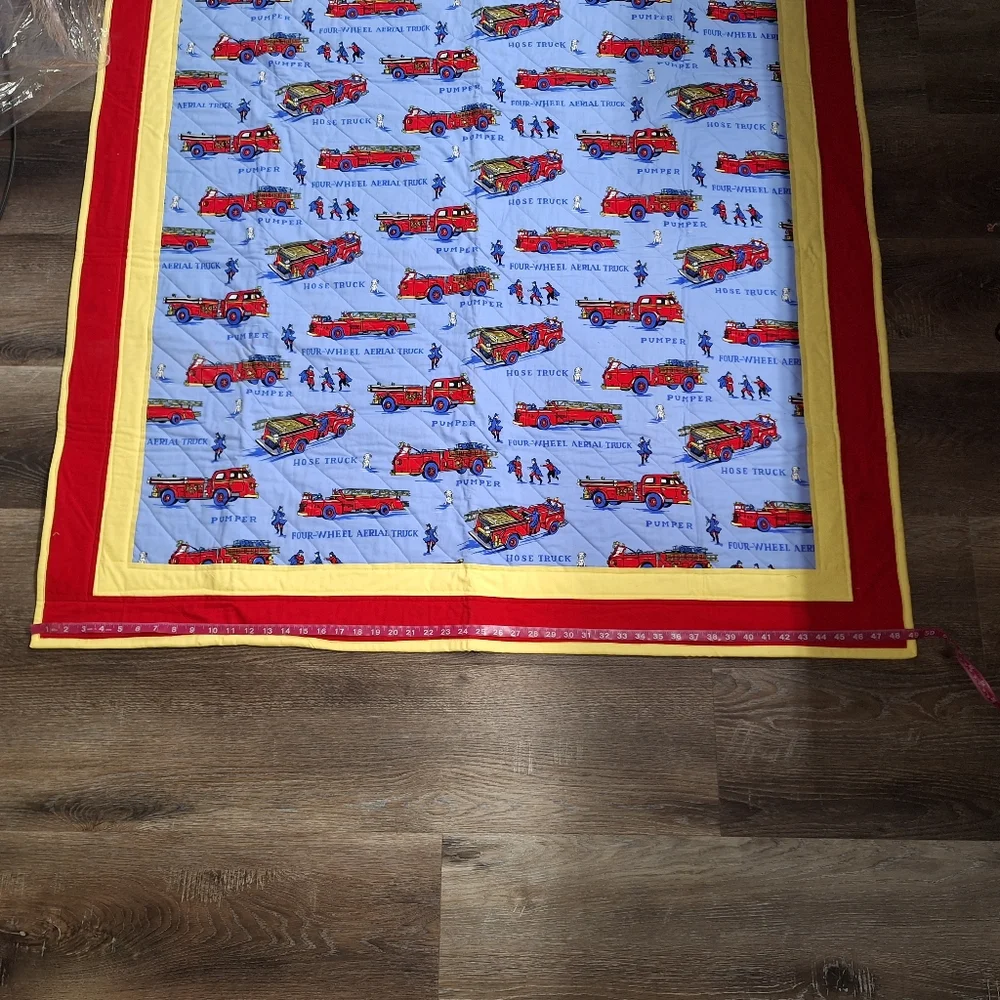 Handmade Fire Truck Themed Quilt, Flannel Backed, NWOT